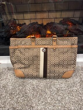 Vintage Coach Khaki Signature Canvas Tote with Tan Trim and Center Stripe